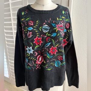 Floral Embroidered Black Sweater